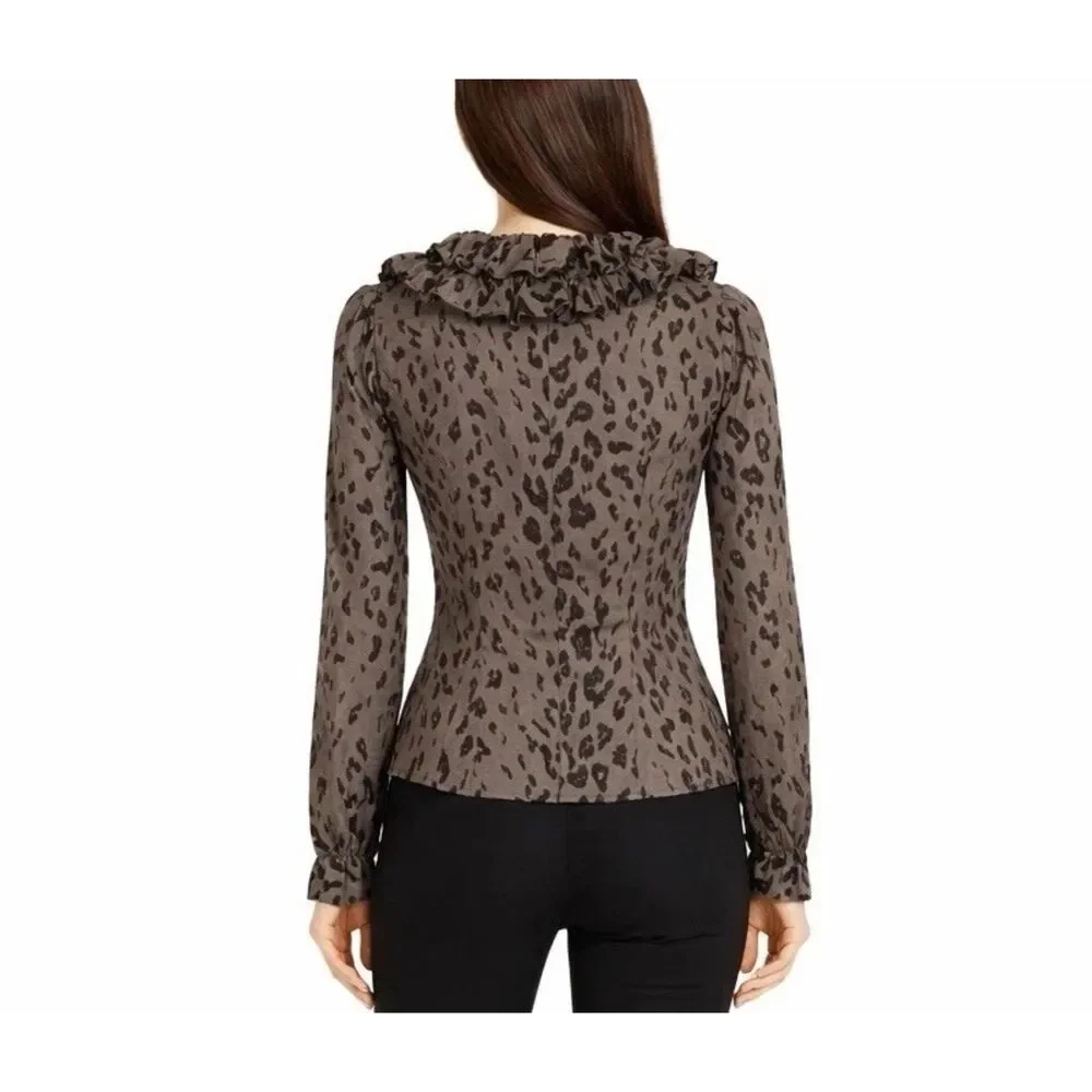 Anne Fontaine Volina Leopard Print Blazer Size 8 Ruffle Button Front Jacket